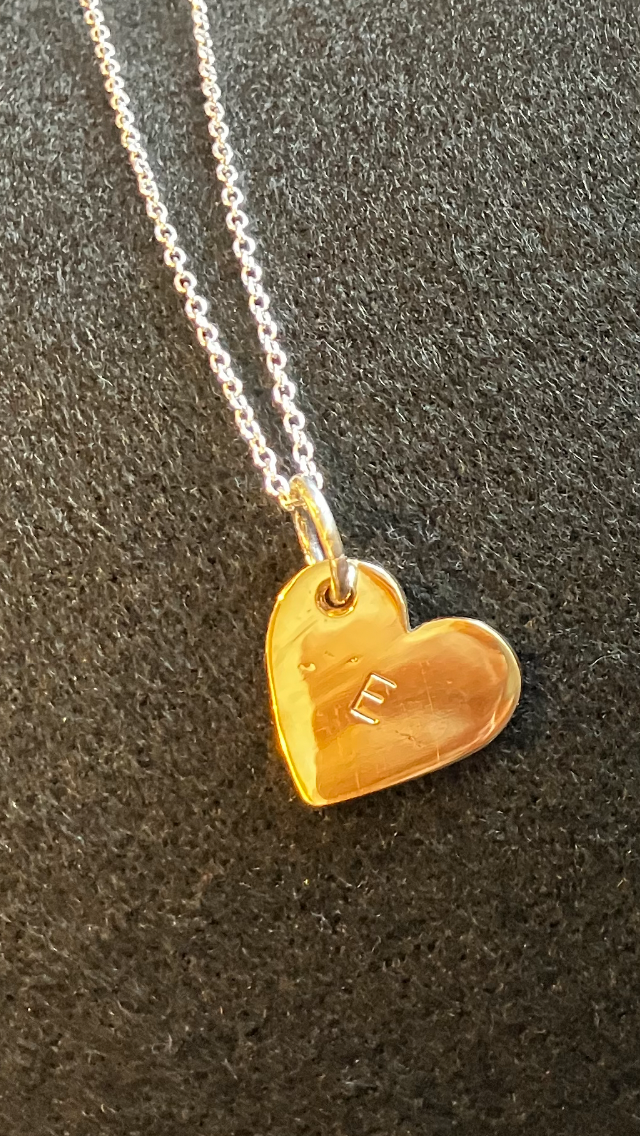 Brass Heart pendant with stamped initial Sterling silver bail and chain