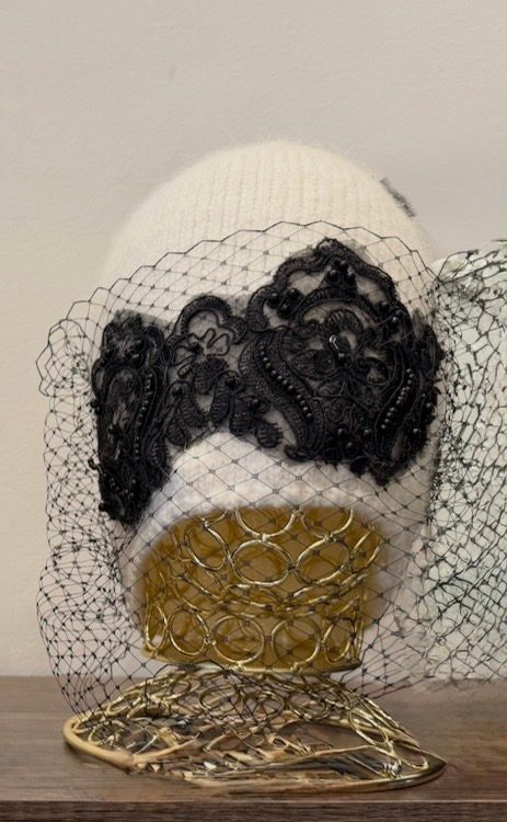 Lace and knit hat by melissarobinson, fashion — fashion design