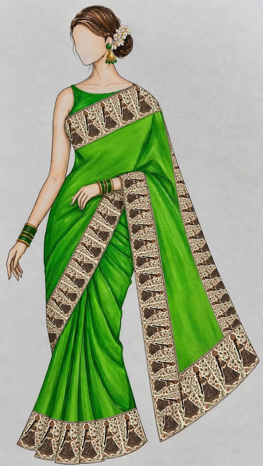 Green sari drawing by Princy Bosco, fashion — fashion design