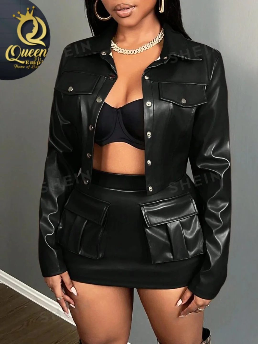 Leather jacket and skirt available by Queen's Fit Empire , fashion brand